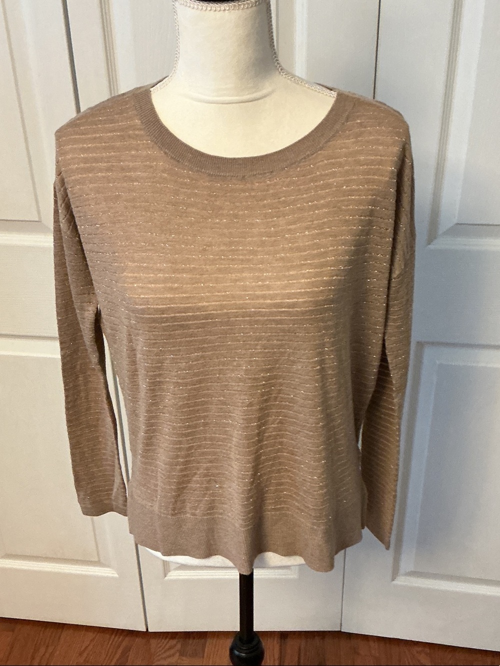 H&M Women's Taupe Crewneck Sweater with Metallic Stripes
